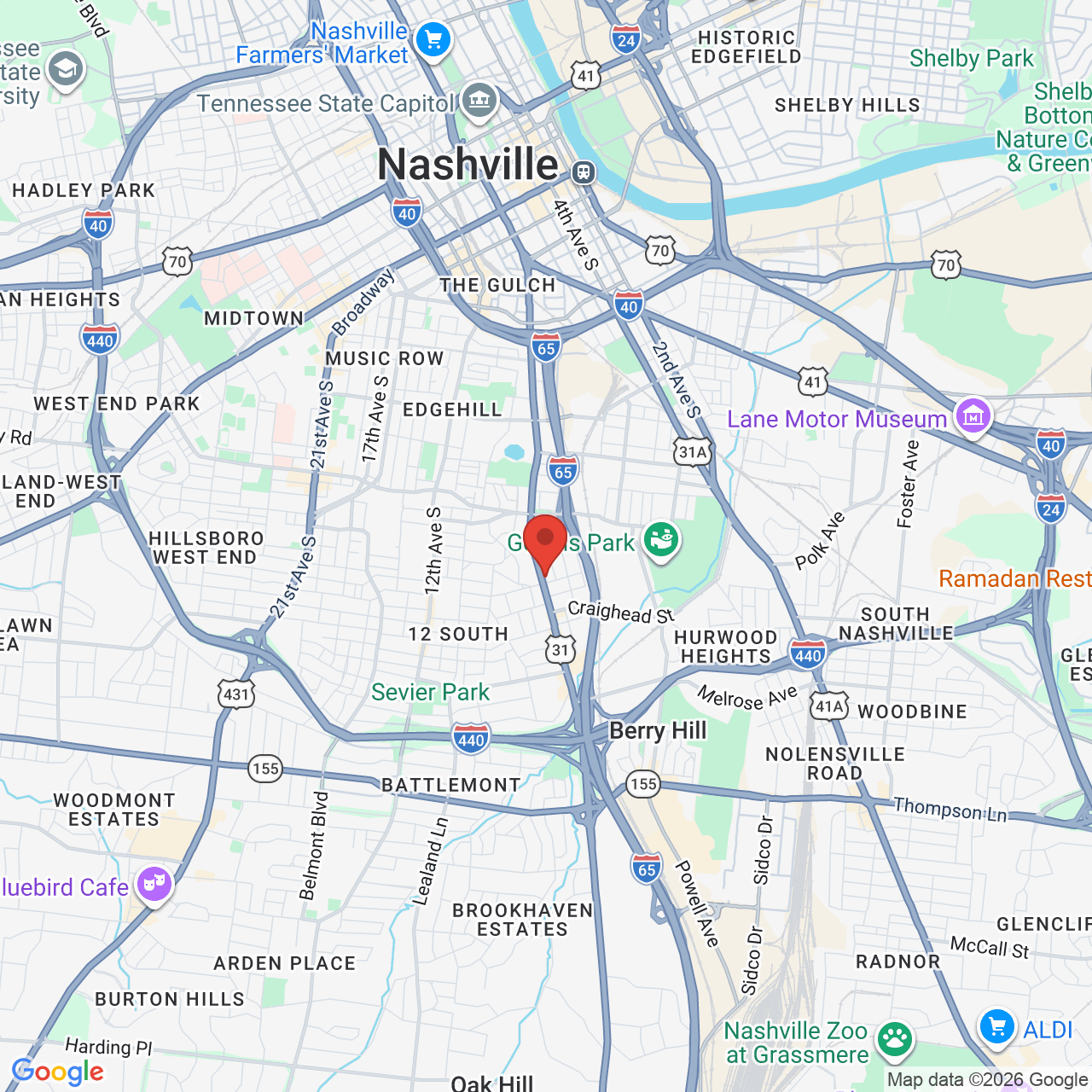 Google map image of our location in 2220 8th Avenue South Nashville, TN